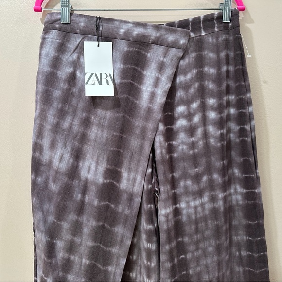 ZARA pants Womens L Flowy Wide Leg Wrap Linen Tie Dye Brown Hi Rise 3046/063 New - Picture 7 of 11